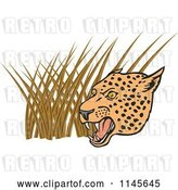 Vector Clip Art of Retro Growling Leopard Head over Grasses by Patrimonio