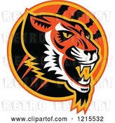 Vector Clip Art of Retro Growling Tiger Head in a Circle with Slash Marks by Patrimonio