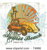 Vector Clip Art of Retro Grungy Vw Beetle Car with Palm Trees, Gulls and Vines with Sample Text by