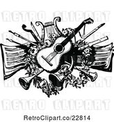 Vector Clip Art of Retro Guitar Lyre Horns and Other Instruments over Sheet Music by Prawny Vintage