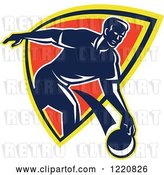 Vector Clip Art of Retro Guy Bowling and Emerging from a Shield by Patrimonio