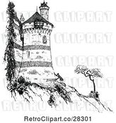 Vector Clip Art of Retro Guy by a Castle on a Cliff by Prawny Vintage