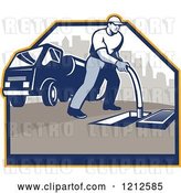 Vector Clip Art of Retro Guy Cleaning a Drainage System with a Hose and Truck by Patrimonio