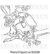 Vector Clip Art of Retro Guy Collecting Gas from a Leaky Tank After a Car Wreck by Picsburg