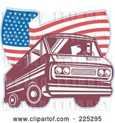 Vector Clip Art of Retro Guy Driving a Van and Wavy American Flag Logo by Patrimonio