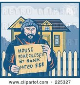 Vector Clip Art of Retro Guy Holding a House Foreclosed by Bank, Need Money Sign by His Home by Patrimonio