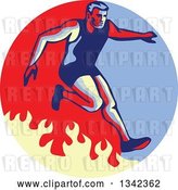 Vector Clip Art of Retro Guy Jumping over a Fire in an Obstacle Race Inside a Blue Red and Tan Circle by Patrimonio