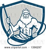 Vector Clip Art of Retro Guy, Neptune, Holding Pressure Washer Wand in a Blue White and Gray Shield by Patrimonio