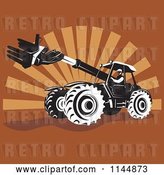 Vector Clip Art of Retro Guy Operating a Armed Tractor over Brown Rays by Patrimonio