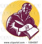 Vector Clip Art of Retro Guy or St Jerome Writing in a Book over Rays by Patrimonio