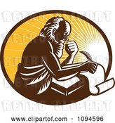 Vector Clip Art of Retro Guy or St Jerome Writing on a Page over Rays by Patrimonio
