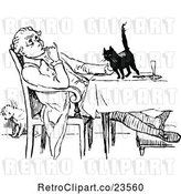 Vector Clip Art of Retro Guy Petting a Cat on a Table by Prawny Vintage