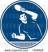 Vector Clip Art of Retro Guy Playing Table Tennis in a Blue and White Circle by Patrimonio