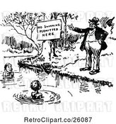 Vector Clip Art of Retro Guy Pointing to a No Swimming Sign by Boys in a Pond by Prawny Vintage
