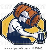 Vector Clip Art of Retro Guy Pouring Beer into a Mug from a Barrel over a Yellow Hexagon by Patrimonio