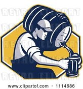 Vector Clip Art of Retro Guy Pouring Beer into a Mug from a Keg over a Yellow Hexagon by Patrimonio
