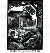 Vector Clip Art of Retro Guy Reading by His Cabin by Prawny Vintage