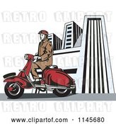 Vector Clip Art of Retro Guy Riding a Vespa in a City by Patrimonio