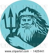 Vector Clip Art of Retro Guy, Triton Mythological God, Holding a Trident in a Blue and Teal Circle by Patrimonio