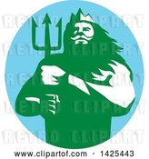 Vector Clip Art of Retro Guy, Triton Mythological God, Holding a Trident in a Blue Green and White Circle by Patrimonio