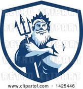 Vector Clip Art of Retro Guy, Triton Mythological God, Holding a Trident in Folded Arms Inside a White and Blue Shield by Patrimonio