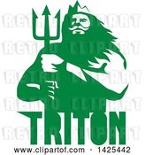 Vector Clip Art of Retro Guy, Triton Mythological God, Holding a Trident, in Green and White over Text by Patrimonio