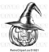 Vector Clip Art of Retro Halloween Woodcut Jackolantern Pumpkin Wearing a Witch Hat 2 by AtStockIllustration