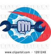 Vector Clip Art of Retro Hand Breaking Through a Circle with a Spanner Wrench by Patrimonio