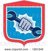 Vector Clip Art of Retro Hand Breaking Through a Shield with a Spanner Wrench by Patrimonio