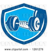 Vector Clip Art of Retro Hand Holding a Dumbbell in a Blue Gray and White Shield by Patrimonio