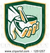 Vector Clip Art of Retro Hand Holding a Mortar and Pestle in a Green and Yellow Shield by Patrimonio