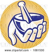 Vector Clip Art of Retro Hand Holding a Mortar and Pestle over Orange Rays by Patrimonio