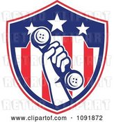 Vector Clip Art of Retro Hand Holding a Phone up over an American Flag Shield by Patrimonio