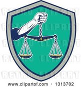 Vector Clip Art of Retro Hand Holding Scales of Justice in a Black Gray and Turquoise Shield by Patrimonio