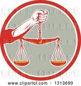 Vector Clip Art of Retro Hand Holding Scales of Justice in a Red White and Taupe Circle by Patrimonio