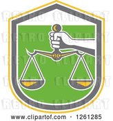 Vector Clip Art of Retro Hand Holding Scales of Justice in a Yellow White Gray and Green Shield by Patrimonio