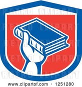 Vector Clip Art of Retro Hand Holding up a Book in a Red White and Blue Shield by Patrimonio