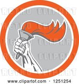 Vector Clip Art of Retro Hand Holding up a Flaming Torch in a Gray White and Orange Circle by Patrimonio