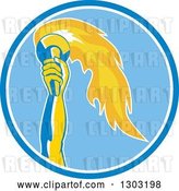 Vector Clip Art of Retro Hand Holding up a Torch in a Blue and White Circle by Patrimonio