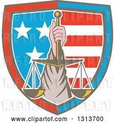 Vector Clip Art of Retro Hand Holding up Scales of Justice in a Shield of American Stars and Stripes by Patrimonio
