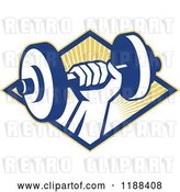 Vector Clip Art of Retro Hand Lifting a Dumbbell over a Diamond of Sun Rays by Patrimonio