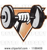 Vector Clip Art of Retro Hand Lifting a Dumbbell over a Triangle of Orange Rays by Patrimonio