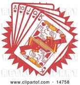 Vector Clip Art of Retro Hand of Red Playing Cards Including the Ace of Hearts, 10 of Hearts, Jack of Hearts, Queen of Hearts and King of Hearts by Andy Nortnik