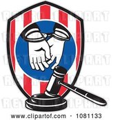Vector Clip Art of Retro Handcuffed Convict Shield and Judge Gavel by Patrimonio
