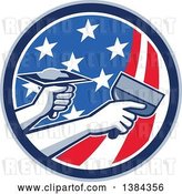 Vector Clip Art of Retro Hands of a Plasterer Repairing Drywall with Putty Knife and Hawk in an American Themed Circle by Patrimonio