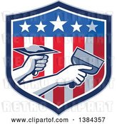 Vector Clip Art of Retro Hands of a Plasterer Repairing Drywall with Putty Knife and Hawk in an American Themed Shield by Patrimonio