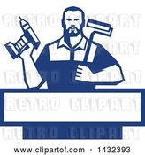 Vector Clip Art of Retro Handy Guy Holding a Paint Roller and a Cordless Drill over a Blue and White Frame by Patrimonio