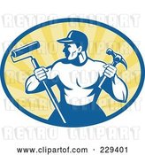 Vector Clip Art of Retro Handyman Holding a Paint Roller and Hammer Logo by Patrimonio