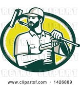 Vector Clip Art of Retro Handyman Holding a Paint Roller over His Shoulder and a Cordless Drill in Hand, Emerging from a Green Taupe White and Yellow Oval by Patrimonio