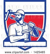 Vector Clip Art of Retro Handyman Holding a Paint Roller over His Shoulder and a Cordless Drill in Hand, Emerging from a Shield with a Blank Banner by Patrimonio